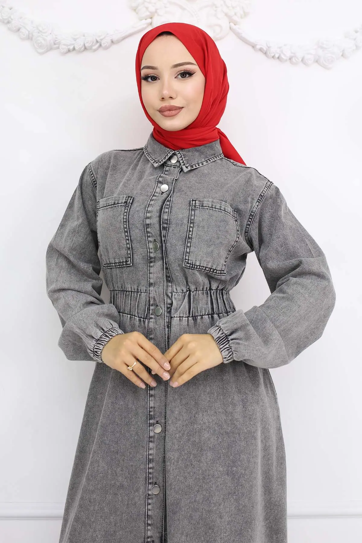 Düğmeli Kot Elbise Siyah 6101-detail