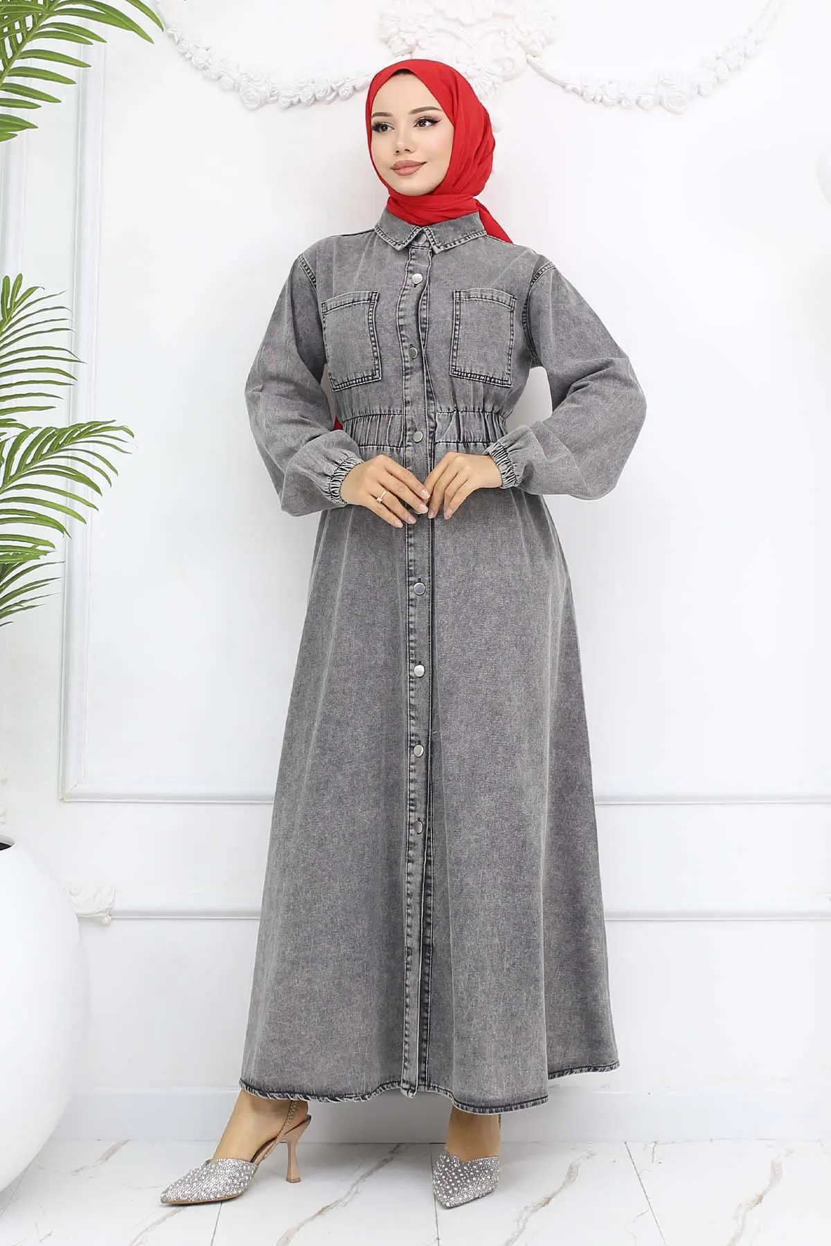 Düğmeli Kot Elbise Siyah 6101-detail