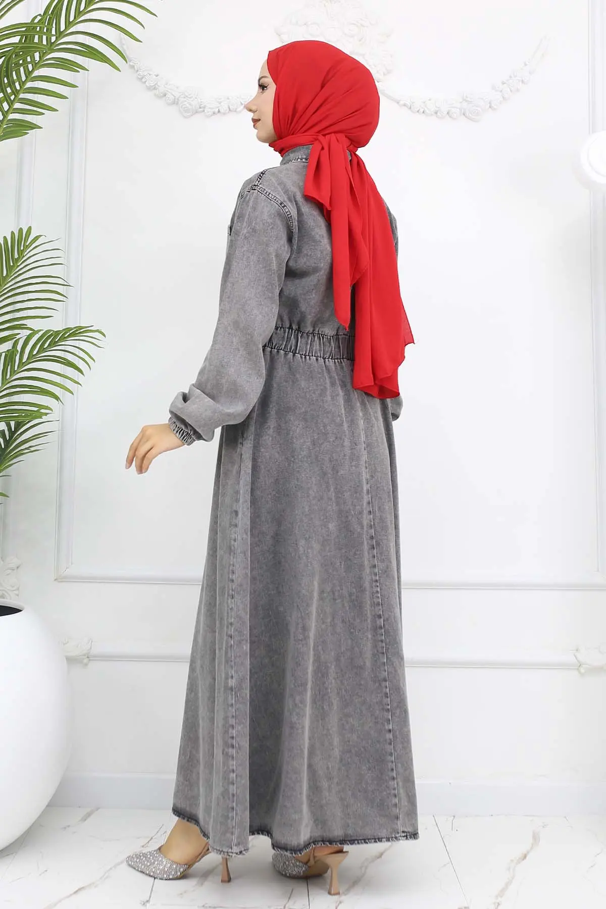 Düğmeli Kot Elbise Siyah 6101-detail