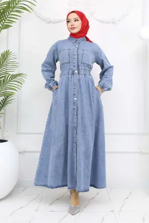 Düğmeli Kot Elbise Mavi 6101
