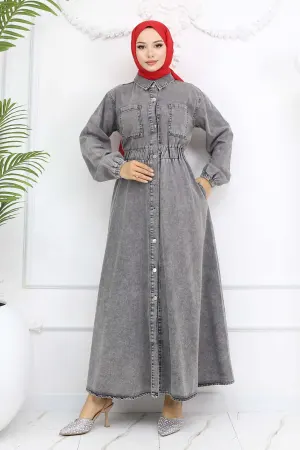 Düğmeli Kot Elbise Siyah 6101