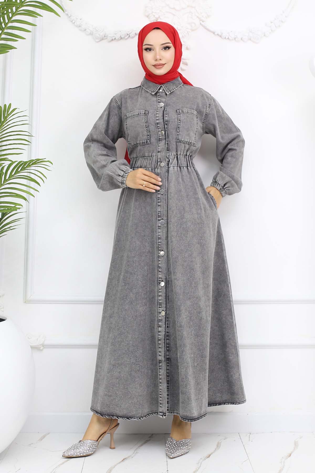 Düğmeli Kot Elbise Siyah 6101