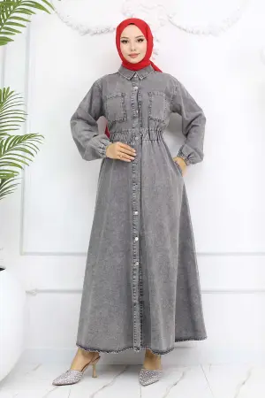 Düğmeli Kot Elbise Siyah 6101