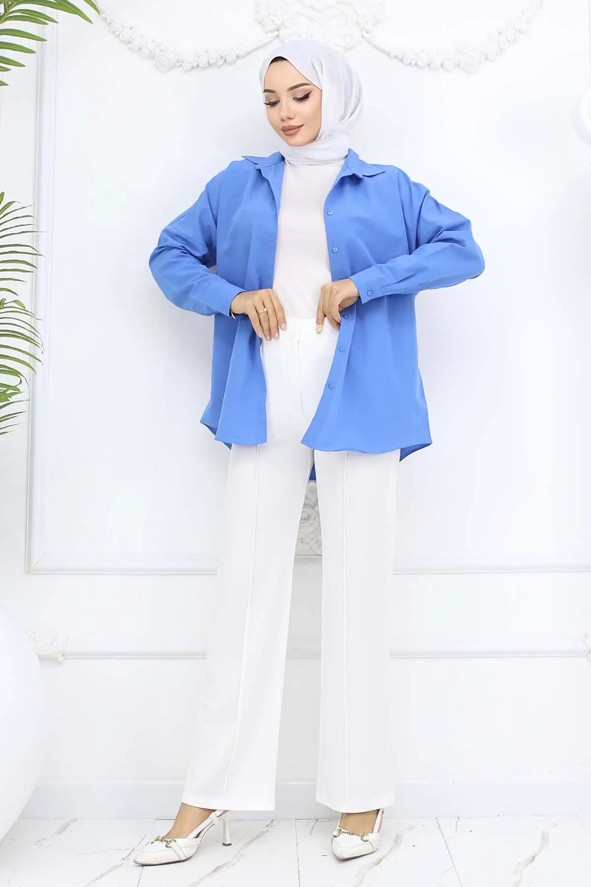 Düğmeli Palazzo Pantolon Beyaz 3043-detail