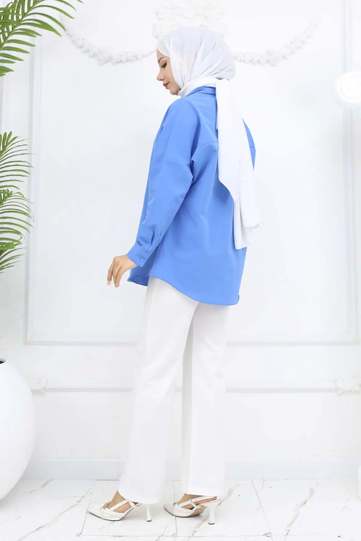 Düğmeli Palazzo Pantolon Beyaz 3043-detail