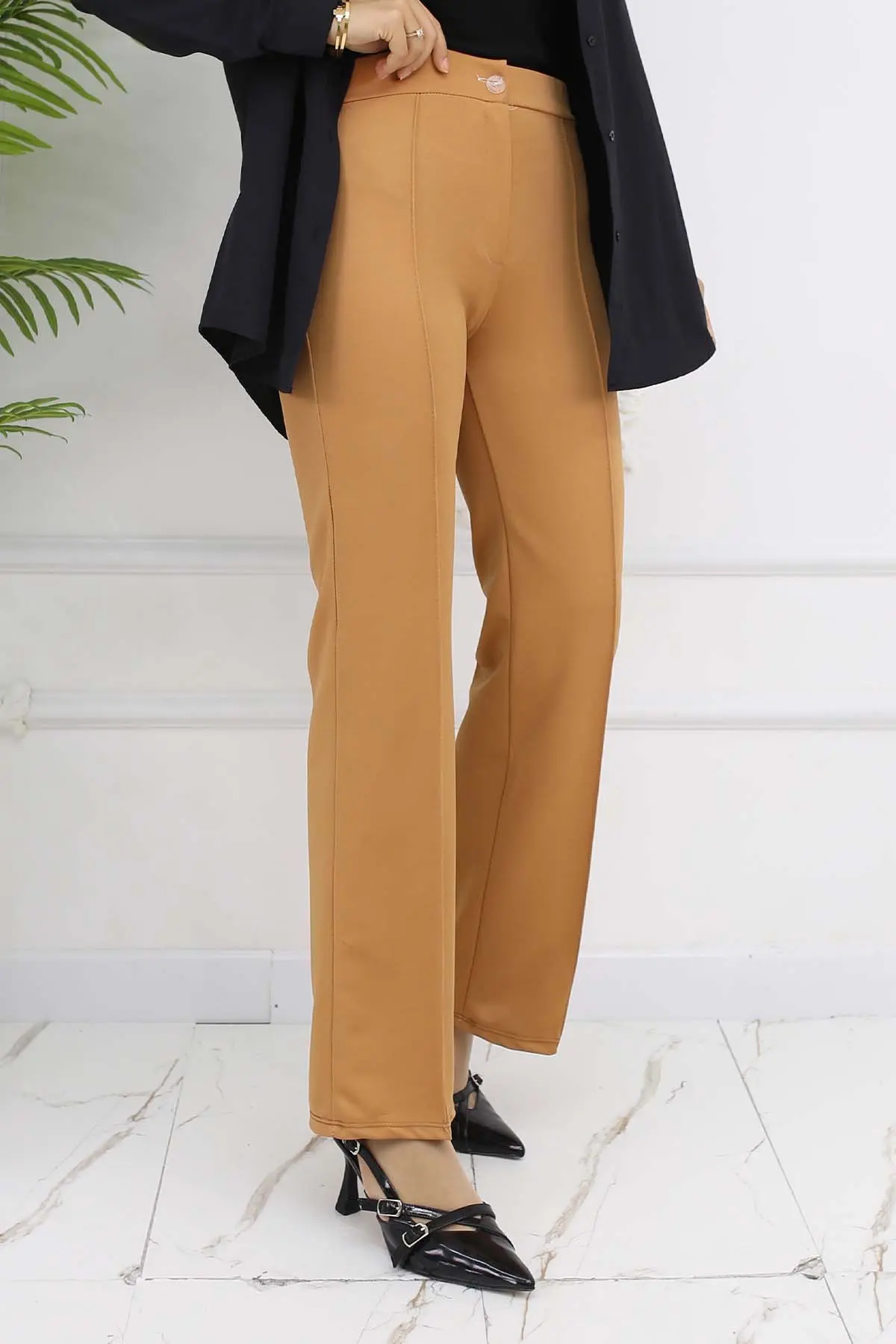 Düğmeli Palazzo Pantolon Camel 3043-detail
