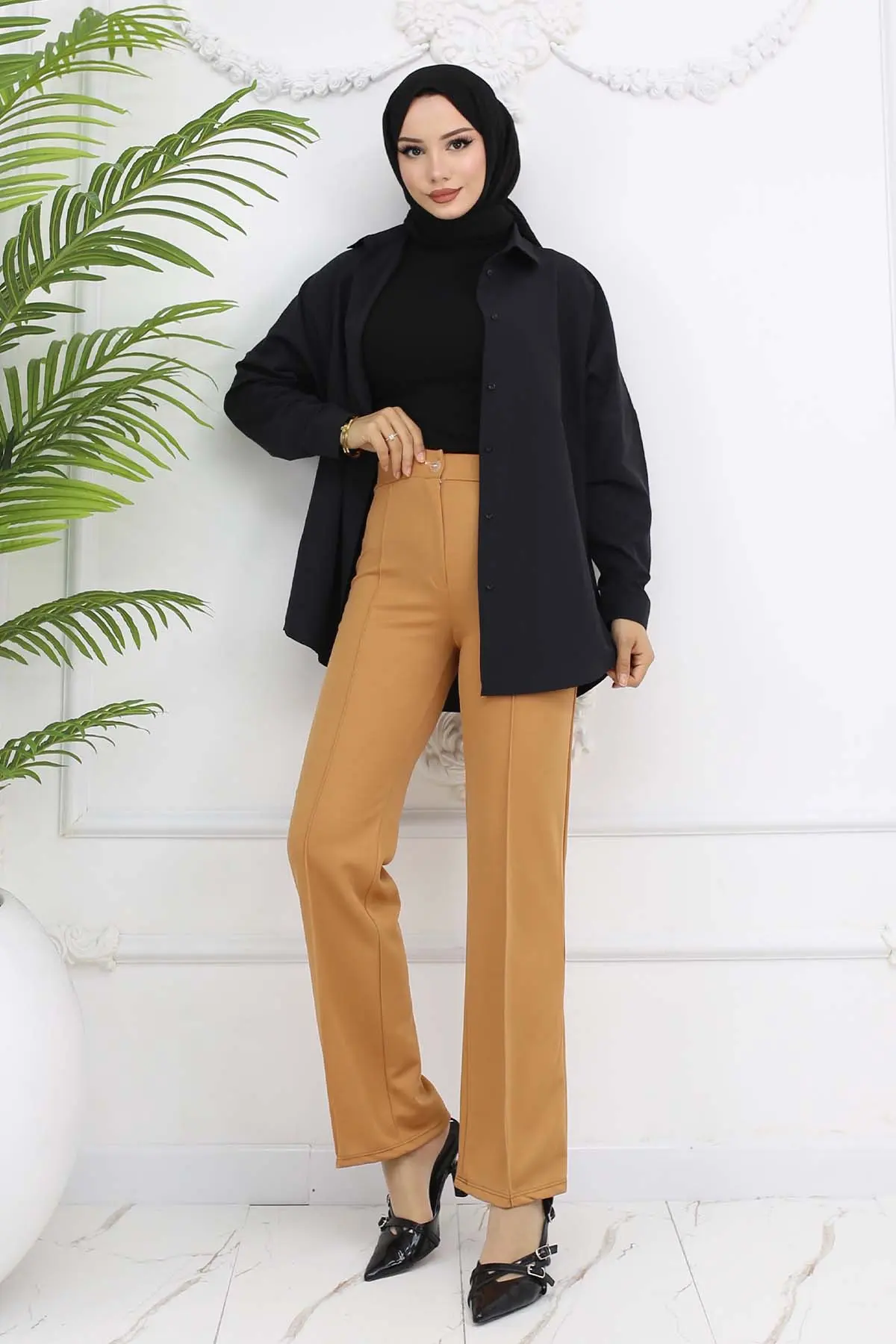 Düğmeli Palazzo Pantolon Camel 3043-detail