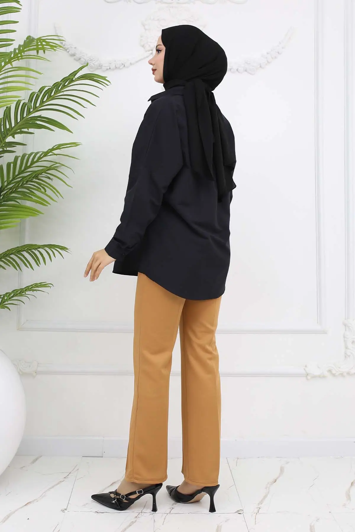 Düğmeli Palazzo Pantolon Camel 3043-detail