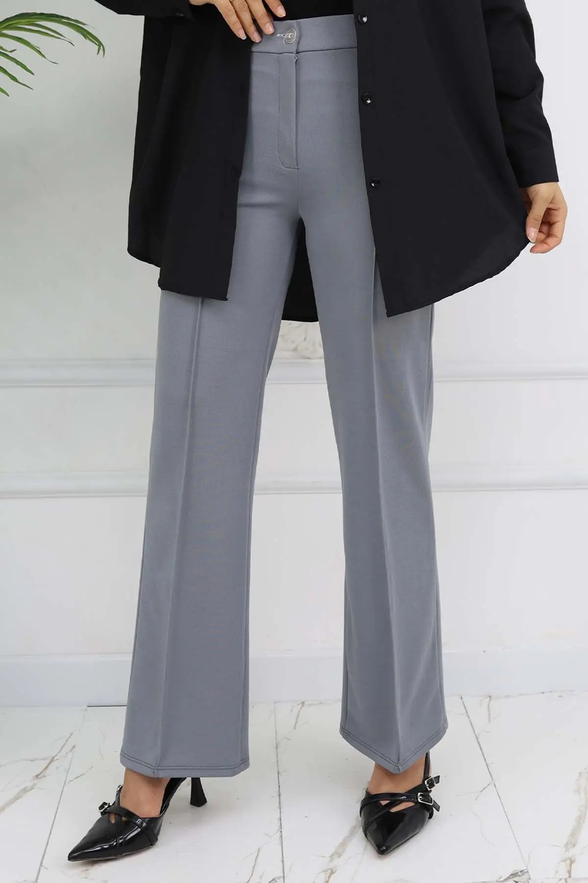 Düğmeli Palazzo Pantolon Gri 3043-detail