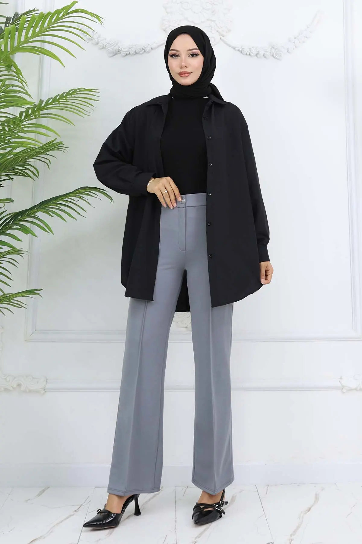 Düğmeli Palazzo Pantolon Gri 3043-detail