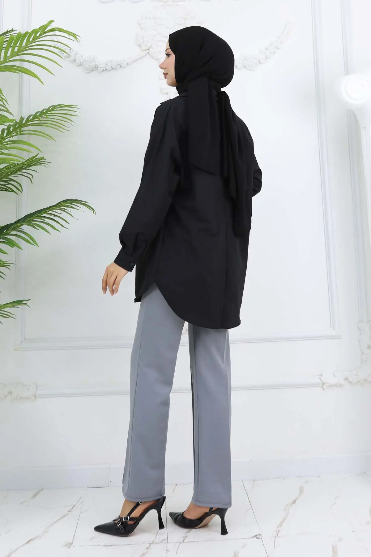 Düğmeli Palazzo Pantolon Gri 3043-detail