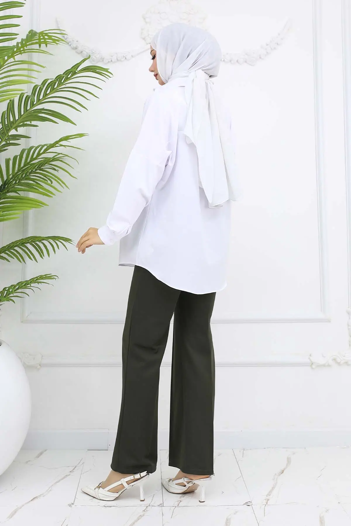 Düğmeli Palazzo Pantolon Haki 3043-detail