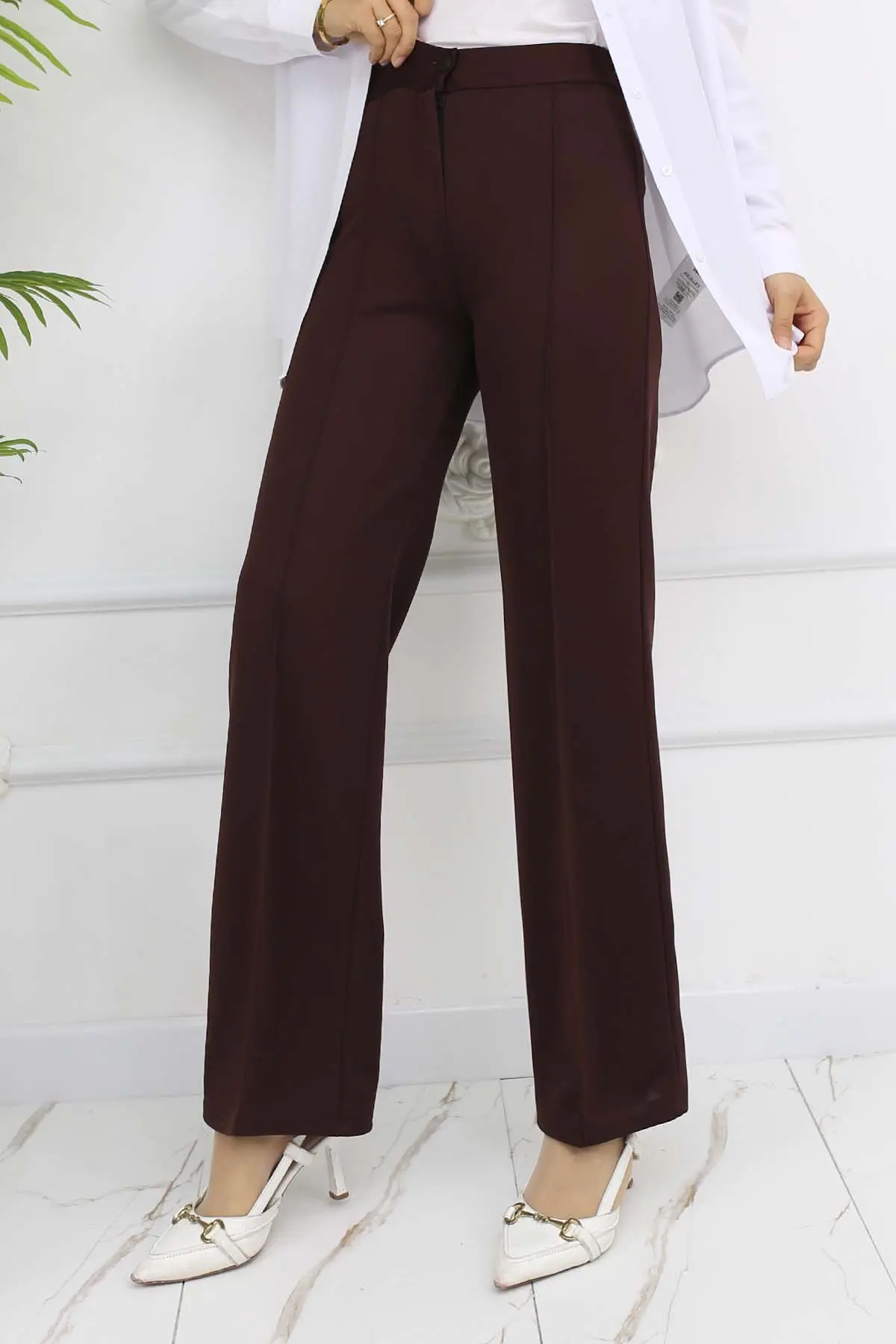 Düğmeli Palazzo Pantolon Kahverengi 3043-detail