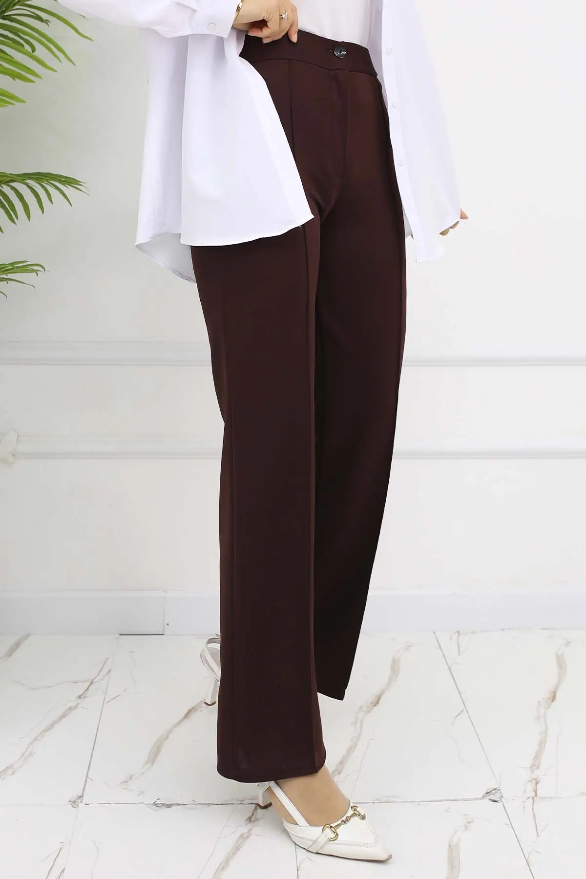 Düğmeli Palazzo Pantolon Kahverengi 3043-detail