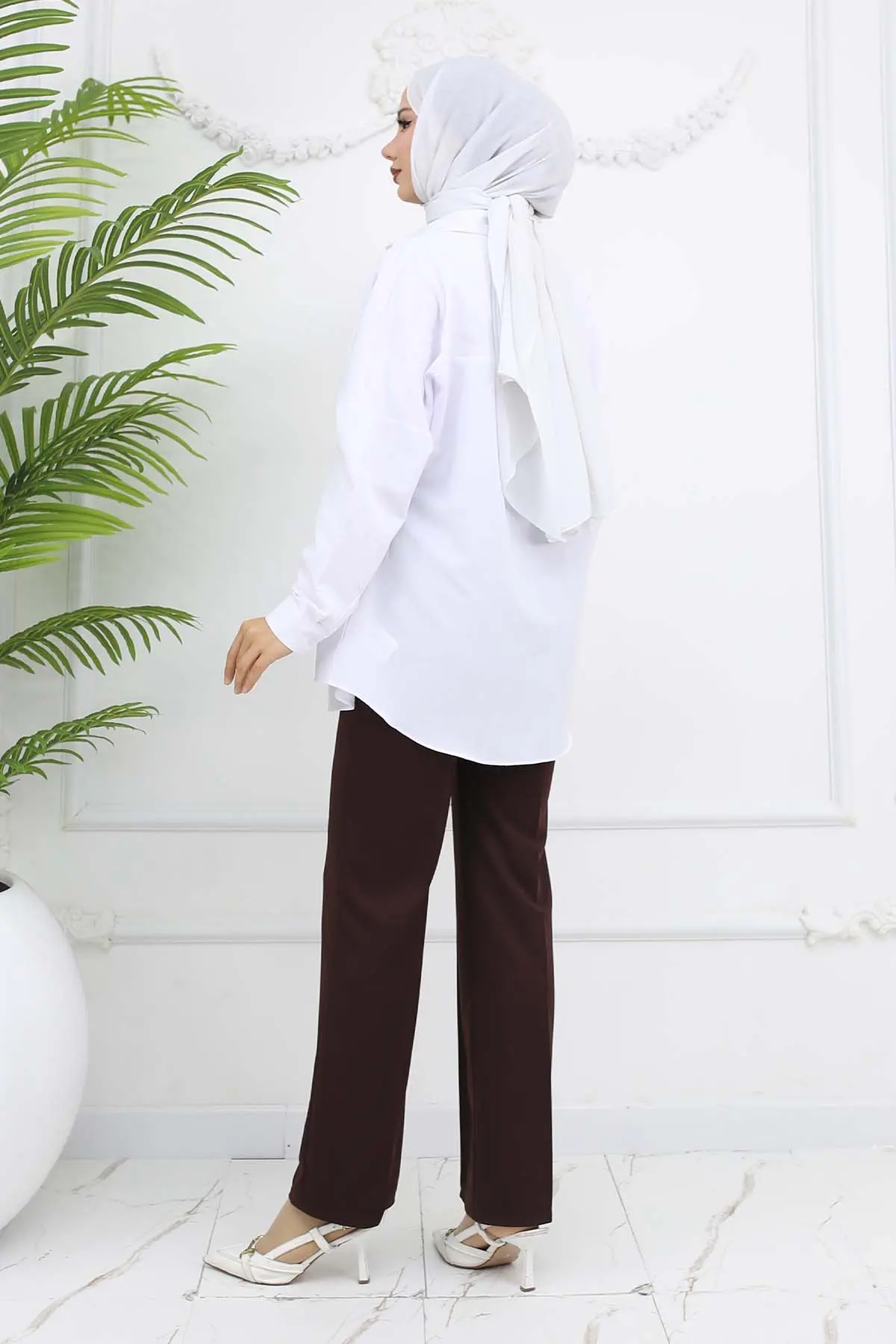 Düğmeli Palazzo Pantolon Kahverengi 3043-detail