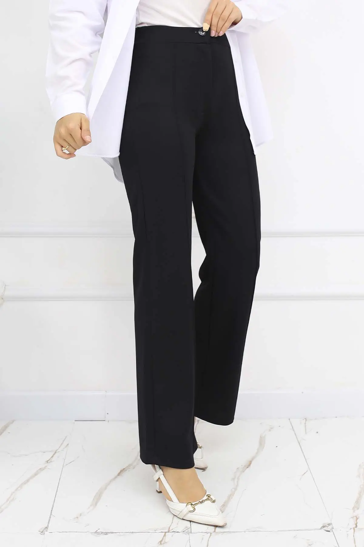 Düğmeli Palazzo Pantolon Siyah 3043-detail