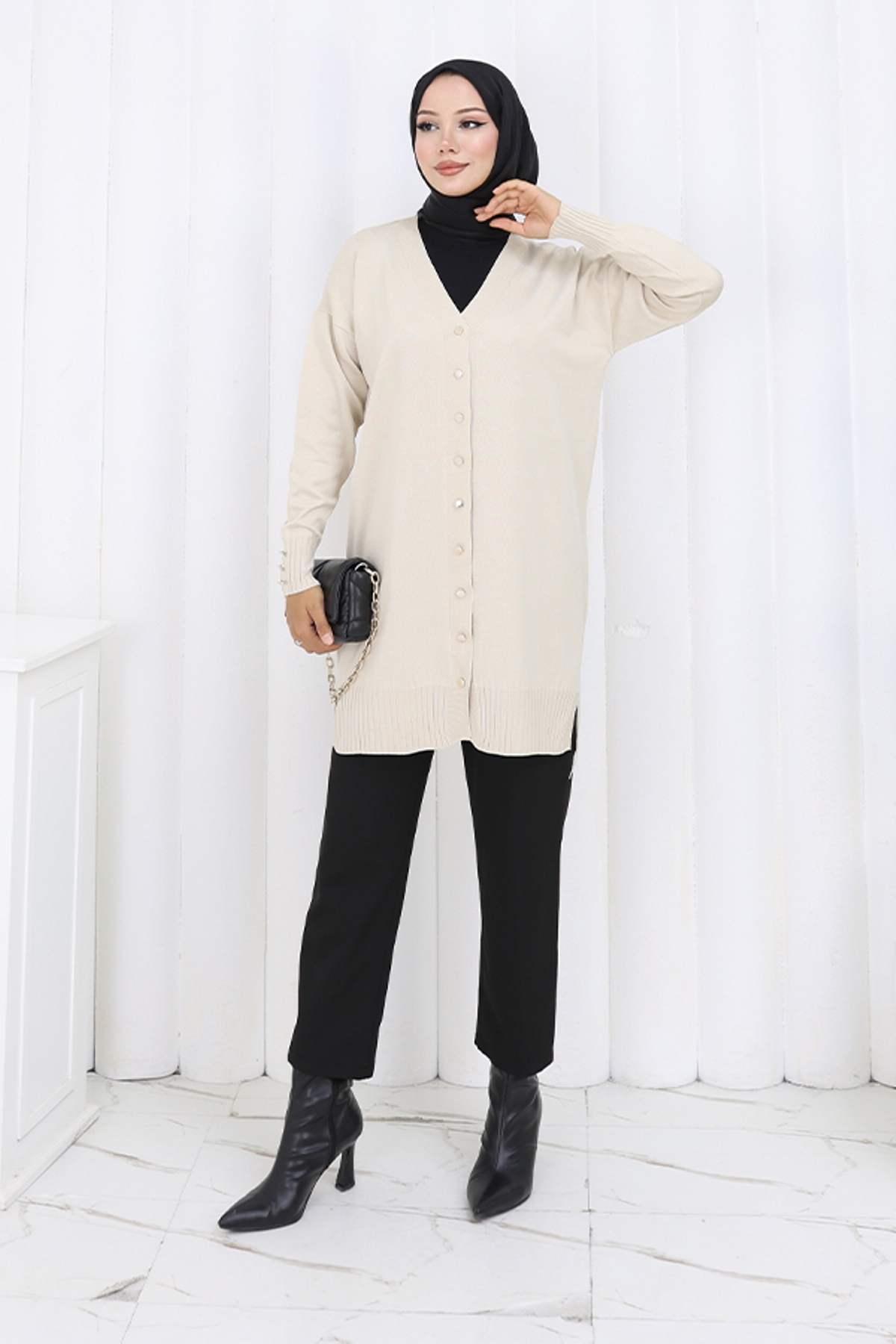 Long Mercerized Cardigan With Buttons