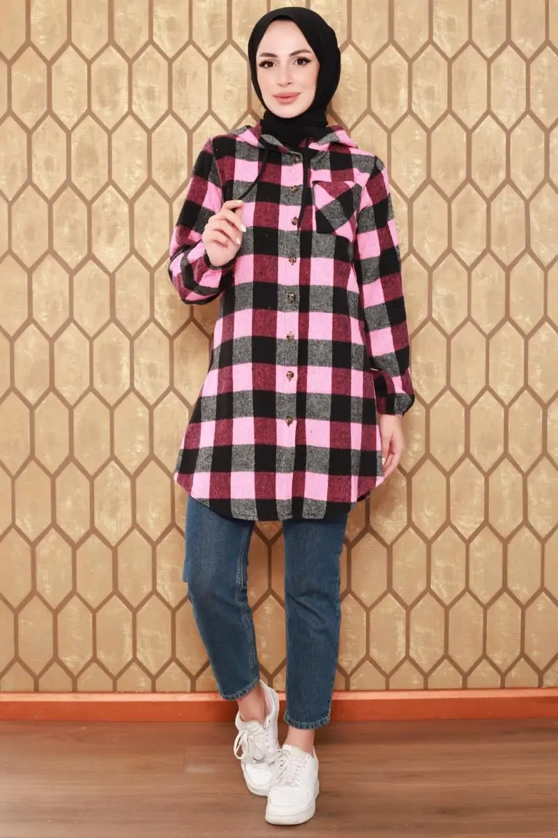 Ekose Desenli Tesettür Kap Pembe-detail