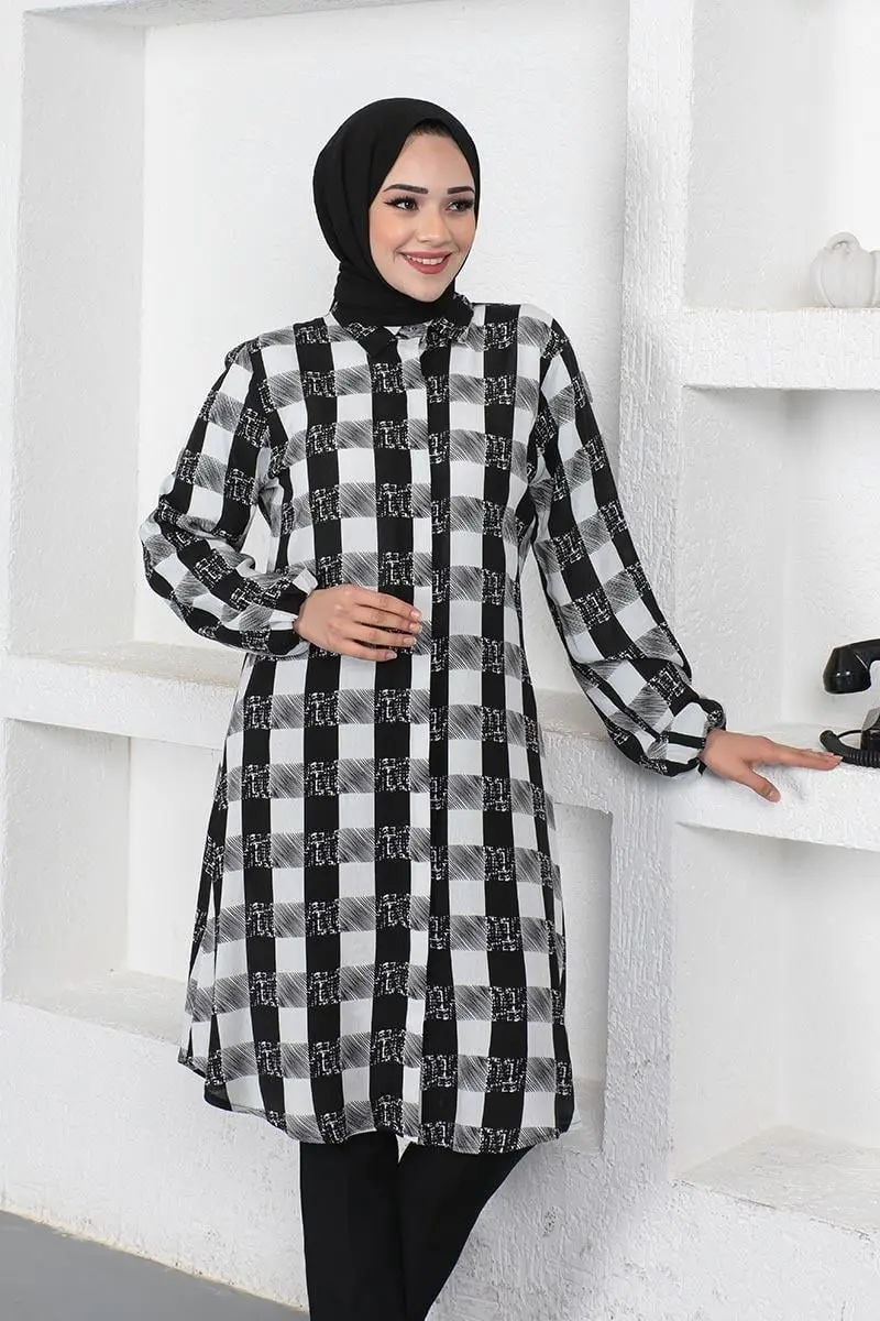 Ekose Viskon Gömlek Ekru-detail