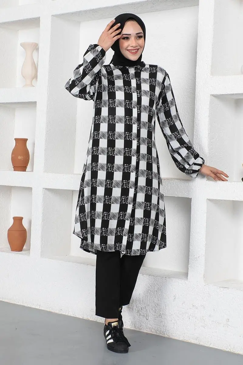 Ekose Viskon Gömlek Ekru-detail