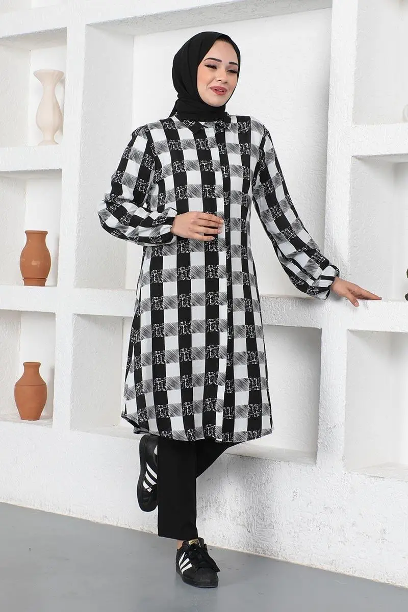 Ekose Viskon Gömlek Ekru-detail