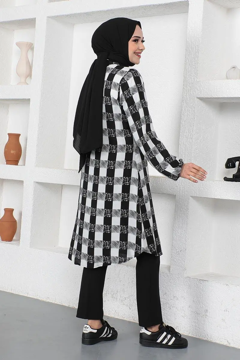 Ekose Viskon Gömlek Ekru-detail