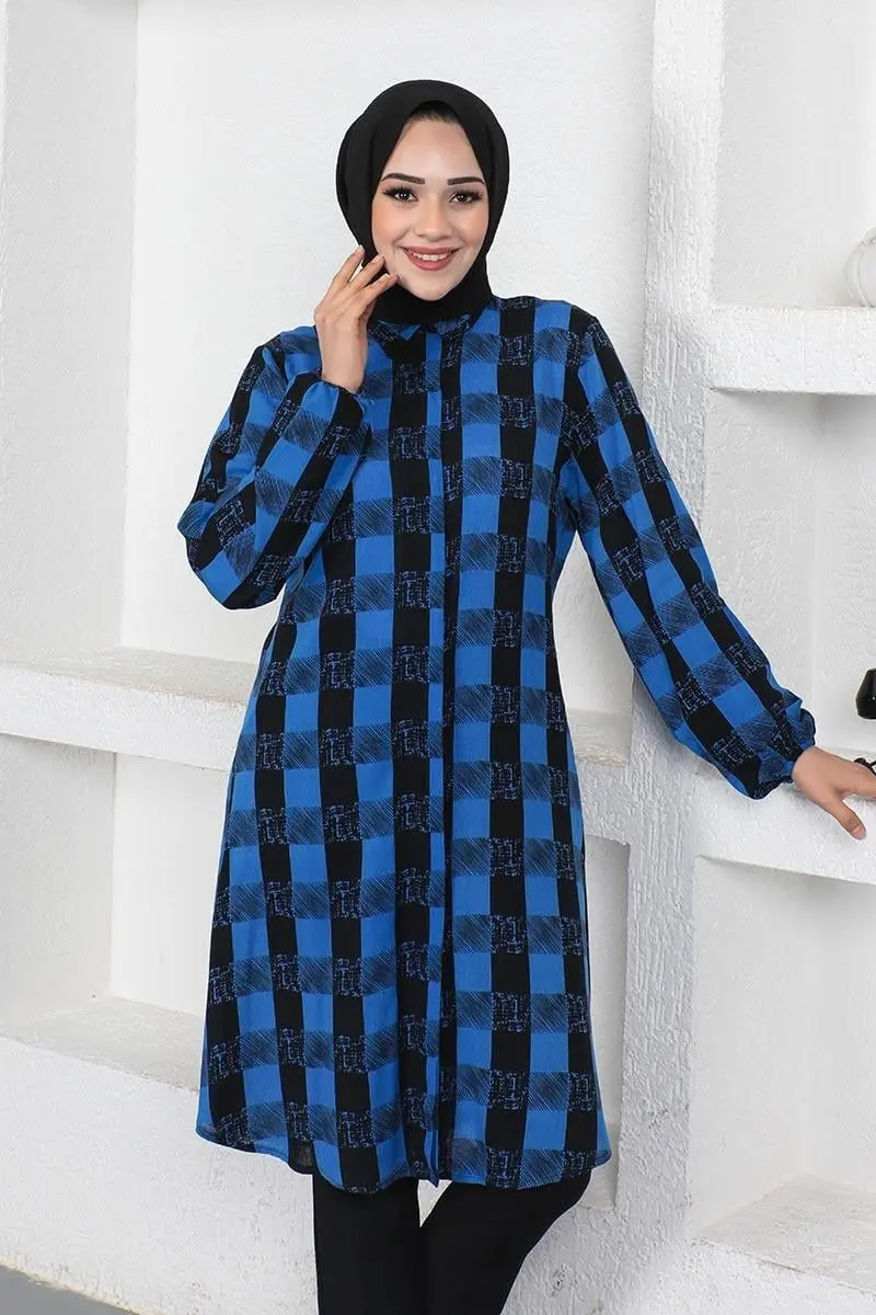 Ekose Viskon Gömlek Saks Mavisi-detail