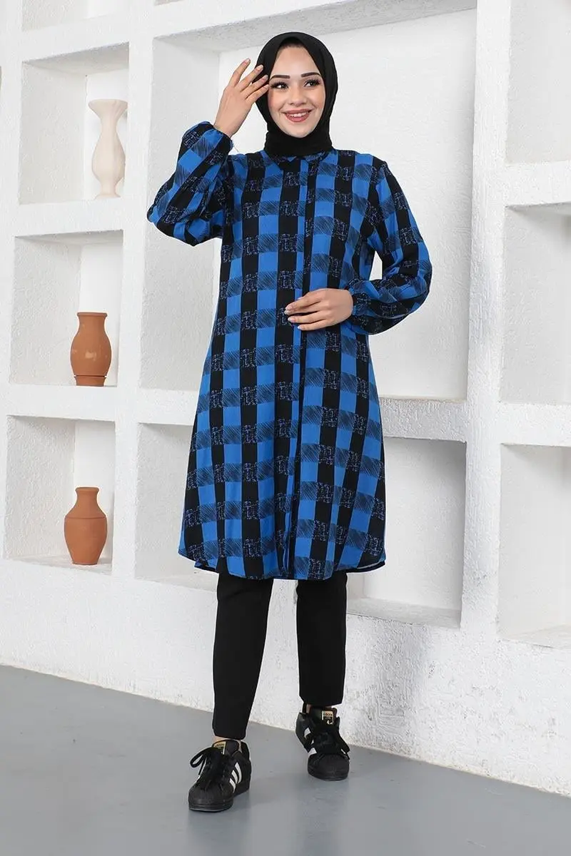 Ekose Viskon Gömlek Saks Mavisi-detail