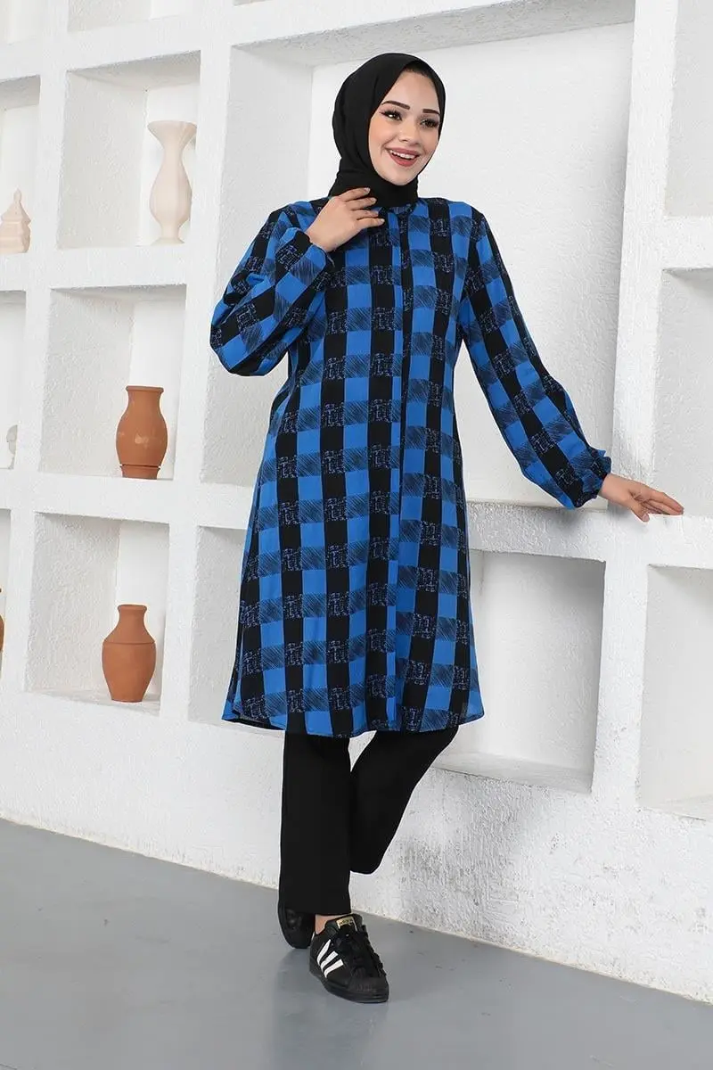 Ekose Viskon Gömlek Saks Mavisi-detail