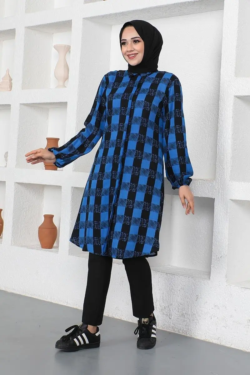 Ekose Viskon Gömlek Saks Mavisi-detail