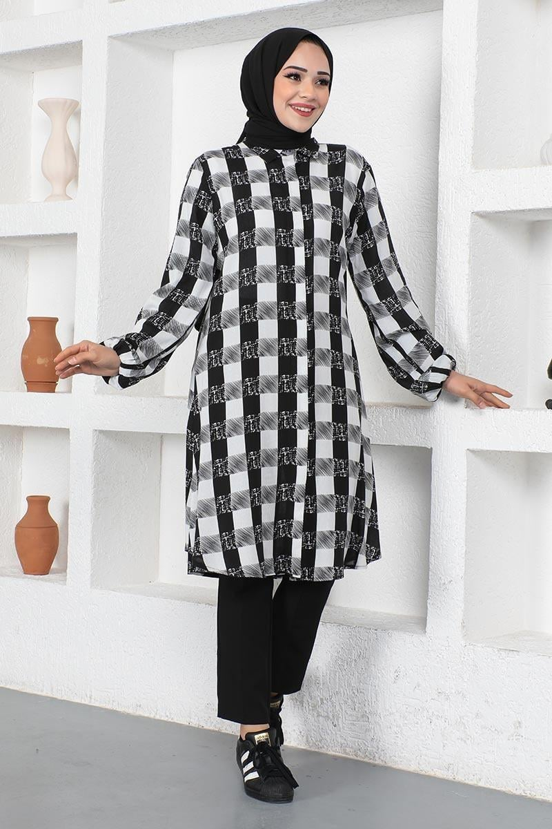 Ekose Viskon Gömlek Ekru