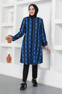 Ekose Viskon Gömlek Saks Mavisi