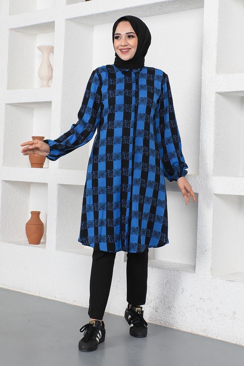 Ekose Viskon Gömlek Saks Mavisi