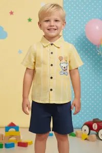 Erkek Çocuk Nakışlı Çizgili Gömlek Ve Lacivert Şort Ikili Set