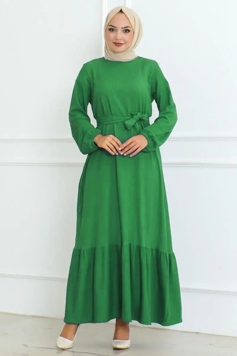 Eteği Fırfırlı Bürümcük Elbise Yeşil-detail