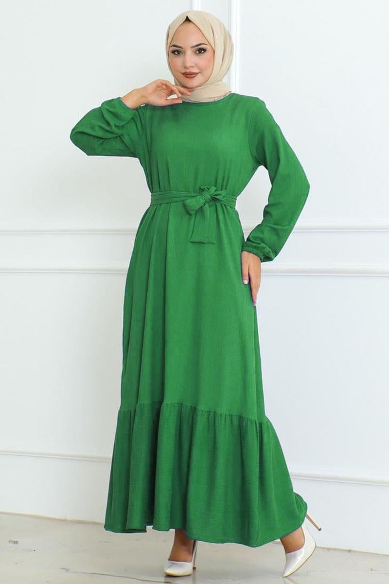 Eteği Fırfırlı Bürümcük Elbise Yeşil