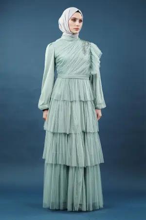 Eteği Kat Detaylı Mint Tesettür Elbise