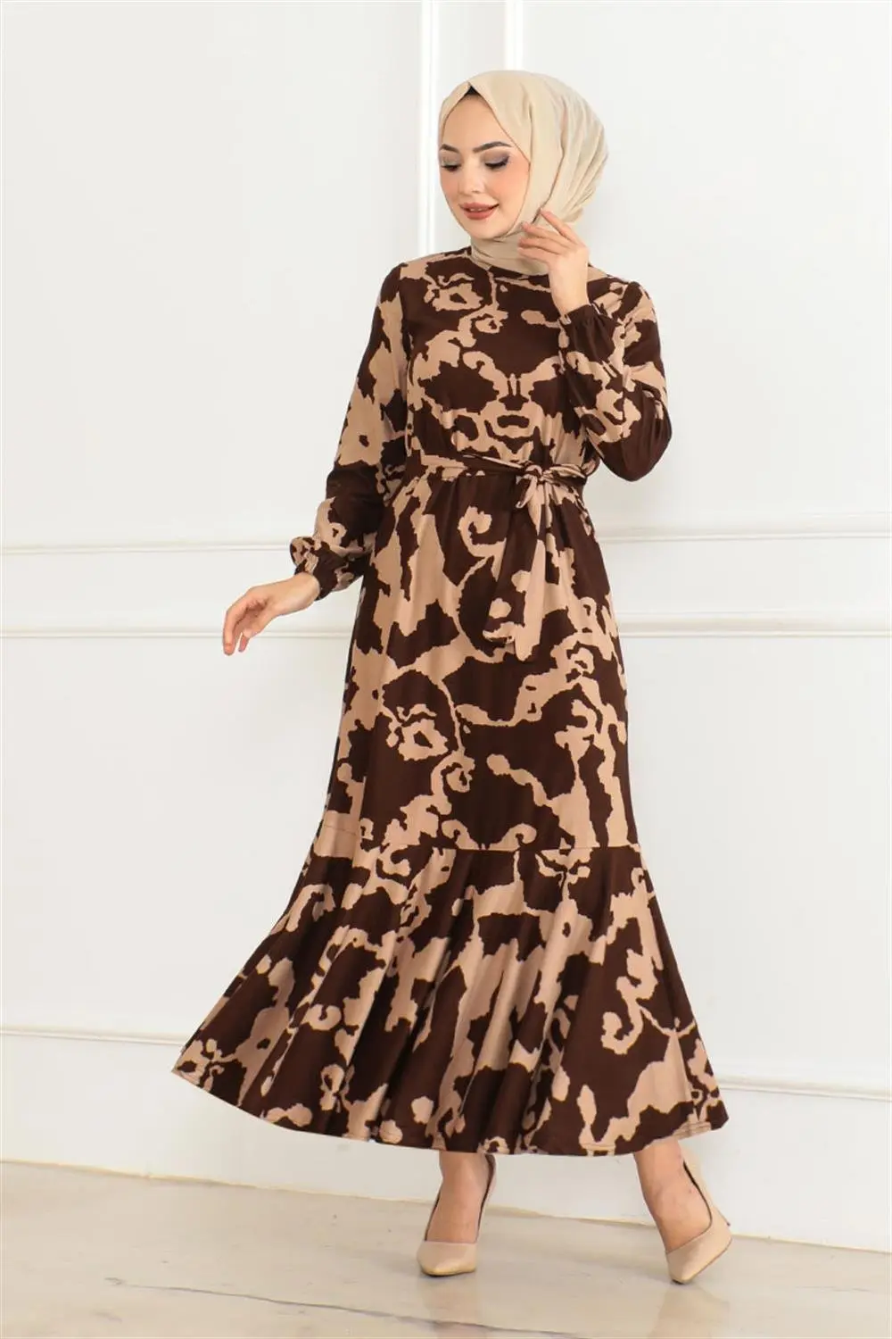 Eteği Volanlı Desenli Elbise-detail