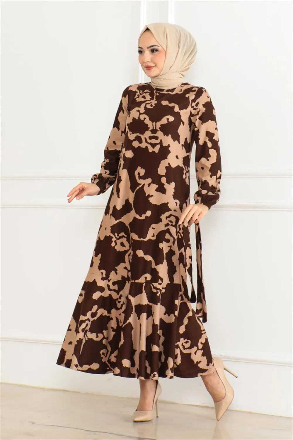 Eteği Volanlı Desenli Elbise-detail