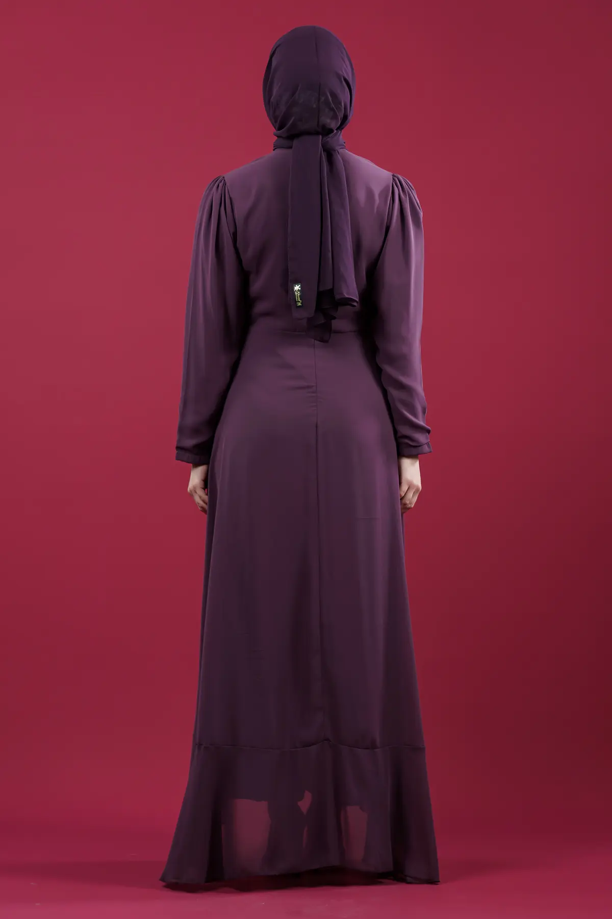 Eteği Volanlı Taşlı Mor Tesettür Abiye-detail