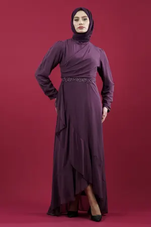 Eteği Volanlı Taşlı Mor Tesettür Abiye