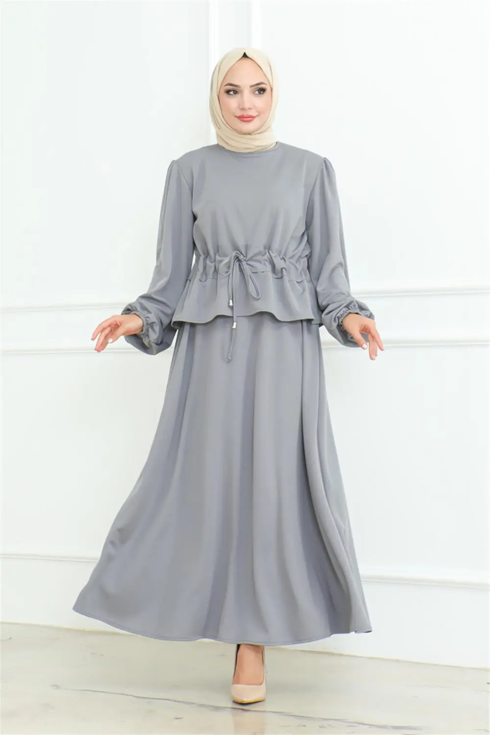 Etekli Tesettür Takım Gri-detail