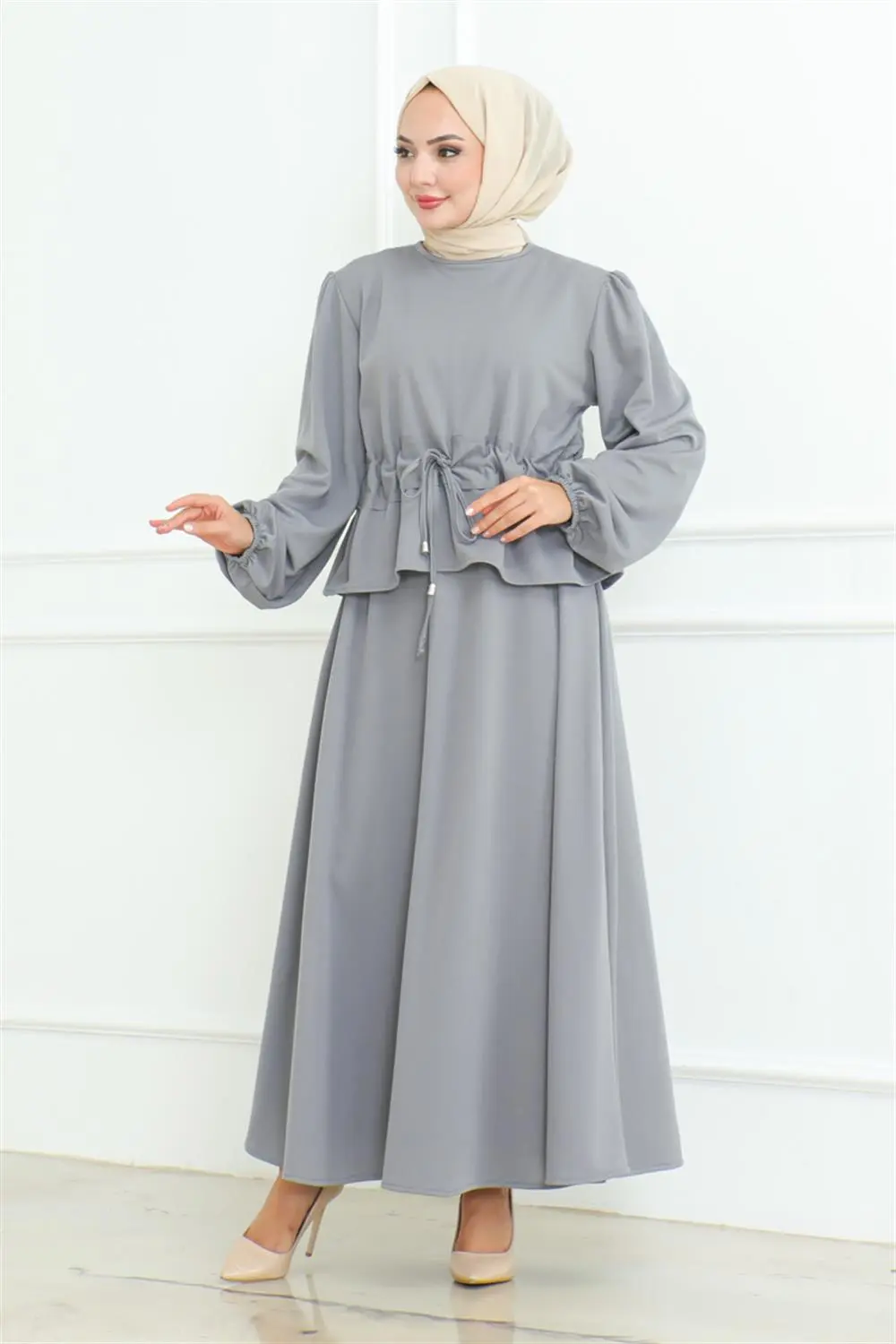 Etekli Tesettür Takım Gri-detail