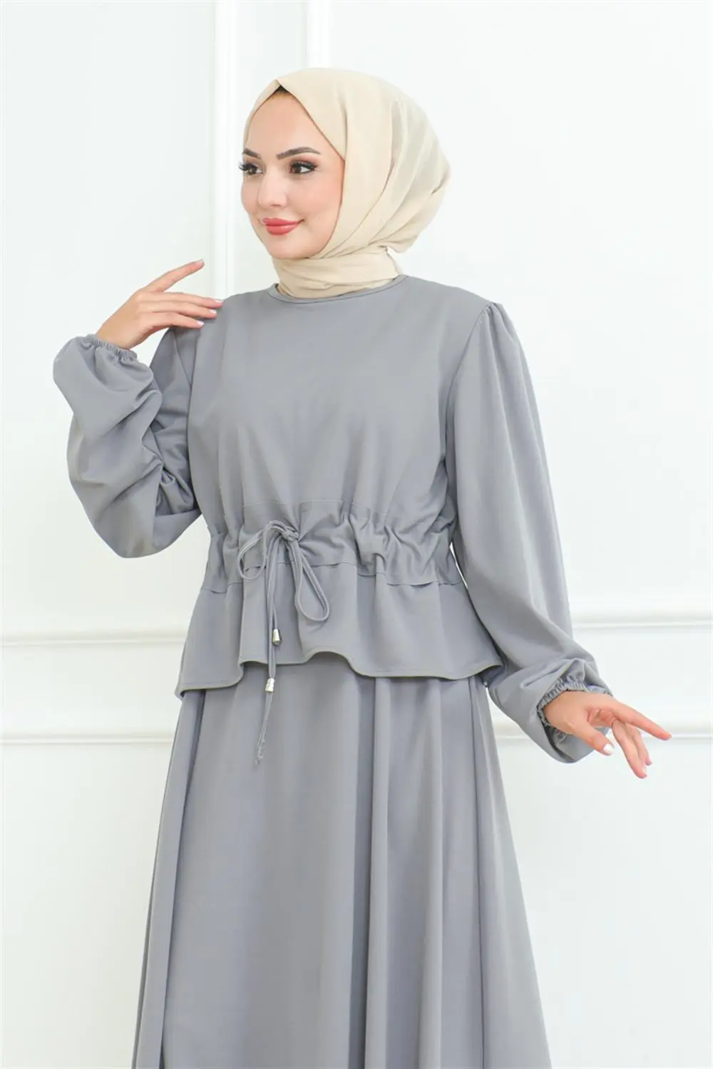 Etekli Tesettür Takım Gri-detail