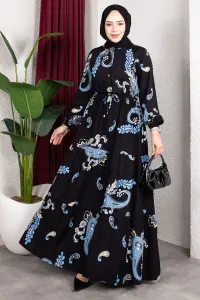 Etnik Desen Belden Büzgülü Elbise