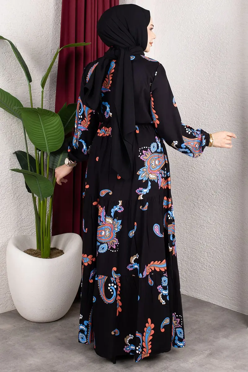 Etnik Desen Belden Büzgülü Elbise-detail