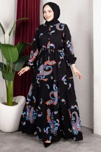 Etnik Desen Belden Büzgülü Elbise