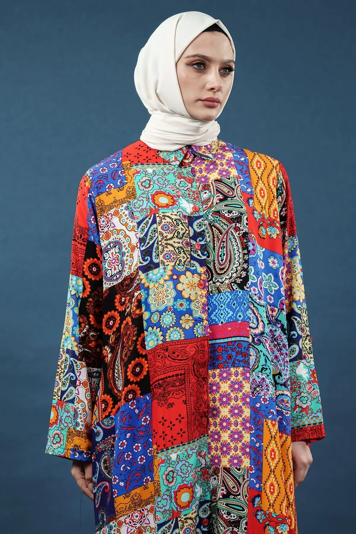 Etnik Desen Çok Renkli Gömlek Elbise-detail