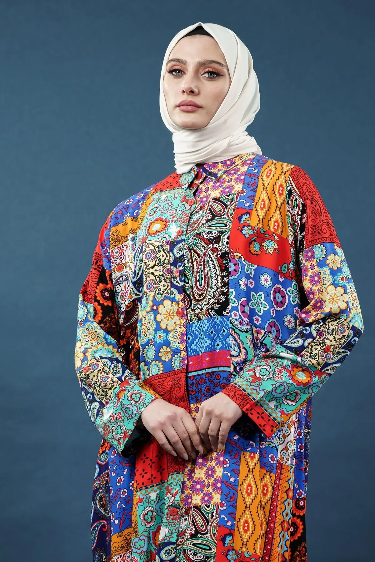 Etnik Desen Çok Renkli Gömlek Elbise-detail