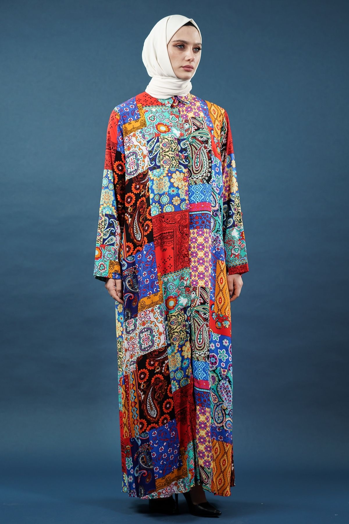 Etnik Desen Çok Renkli Gömlek Elbise